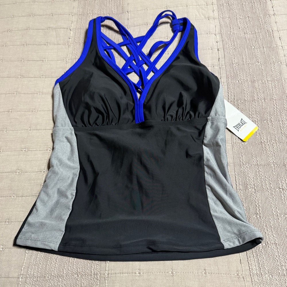 New Everlast Sport Black Blue Racerback V-Neck Sports Tank Top Women's Size 12